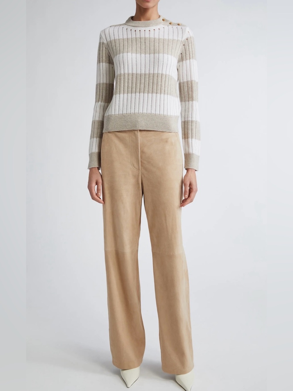 Max Mara Alfeo Striped Rib Wool Cashmere Cropped Sweater Gold Buttons Small - Picture 3 of 12
